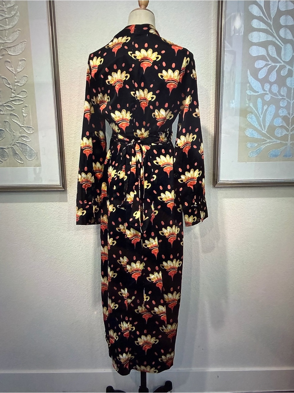 #130 Never Fully Dressed Black Midi Dress with Yellow & Orange Floral Print - Picture 2 of 3